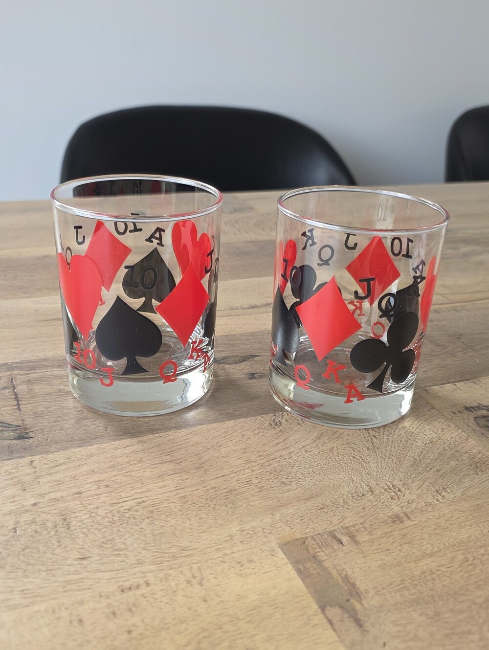 Vintage Playing Card Suit Glass Tumblers Set of Two Red Black Poker Barware
